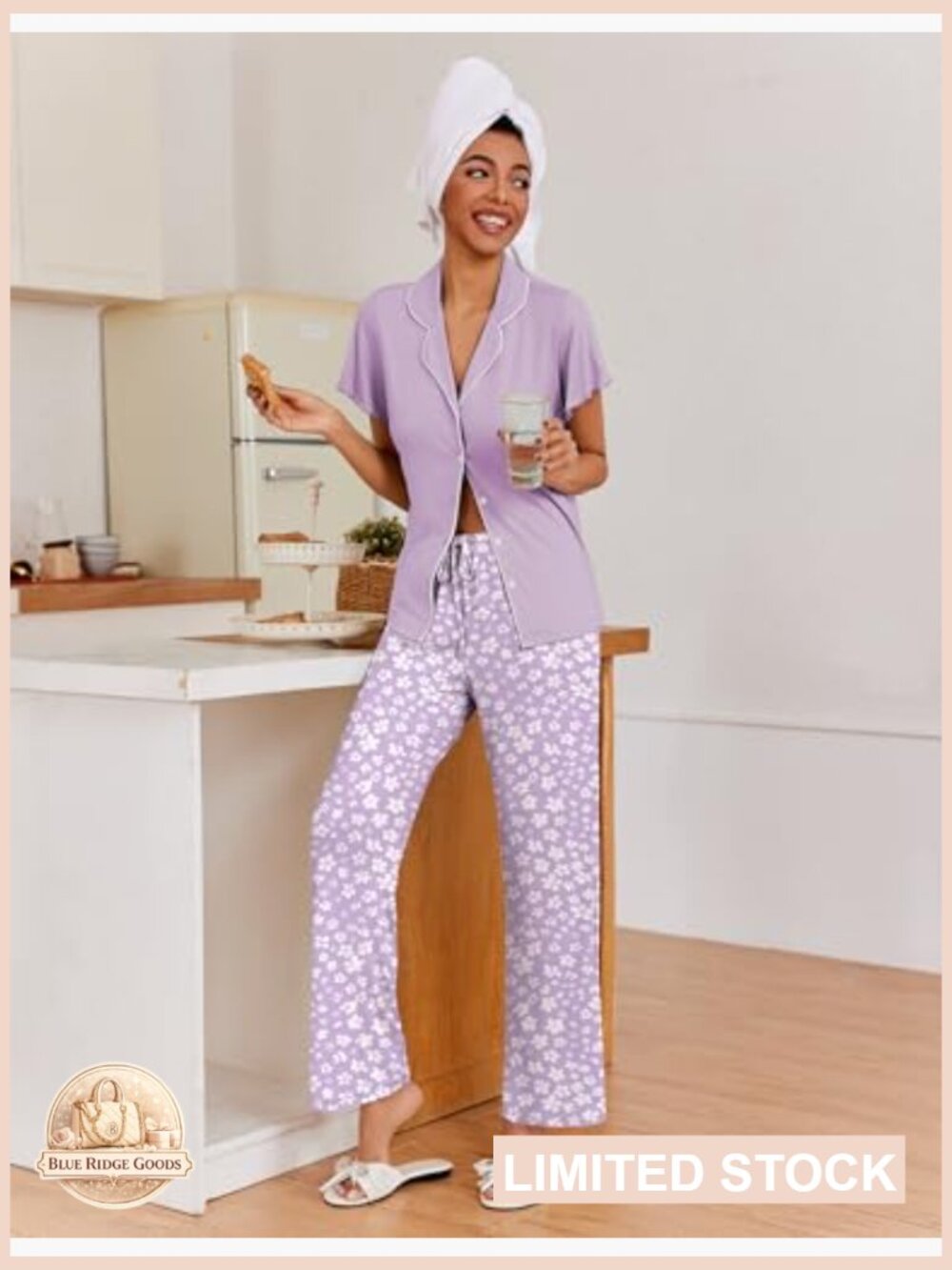 Button Up Pajama Set Ruffle Sleeve Notch Collar Loungewear Soft Stretch - Picture 4 of 7